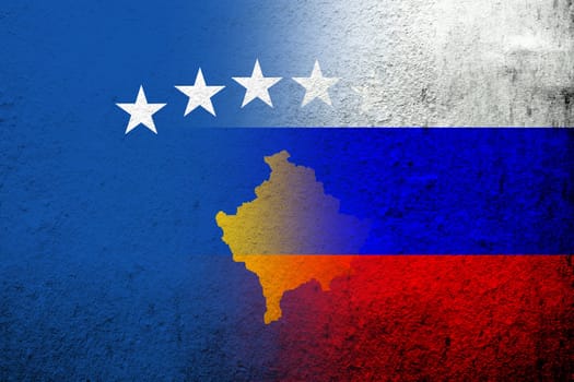 National flag of Russian Federation with The Republic of Kosovo National flag. Grunge background