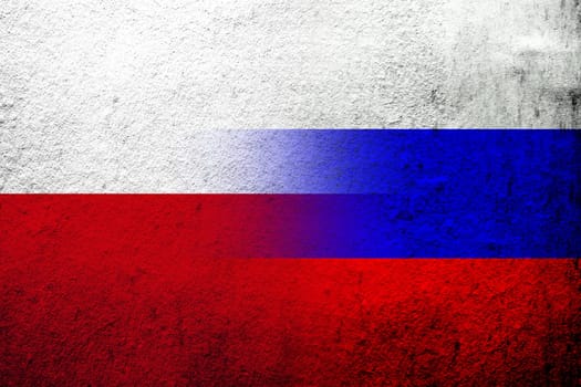 National flag of Russian Federation with The Republic of Poland national flag. Grunge background