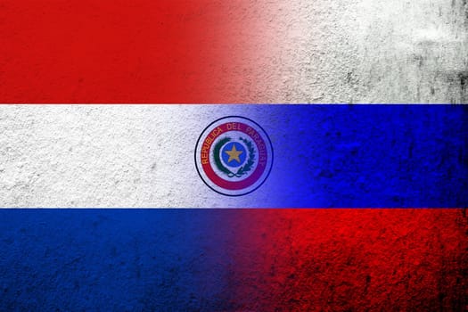 National flag of Russian Federation with The Republic of Paraguay National flag. Grunge background