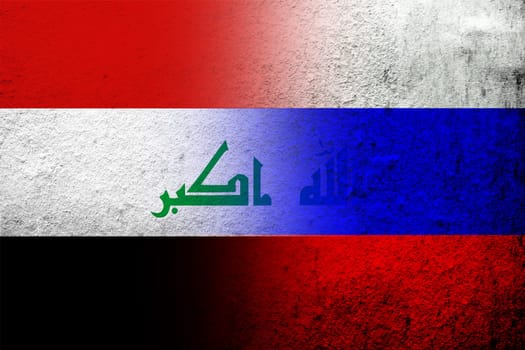 National flag of Russian Federation with the Republic of Iraq National flag. Grunge background