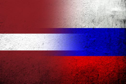 National flag of Russian Federation with The Republic of Latvia National flag. Grunge background