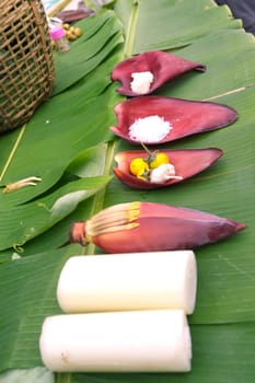 Salt  on banana blossom . concept THAI FOOD