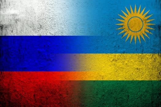 National flag of Russian Federation with the Republic of Rwanda National flag. Grunge background