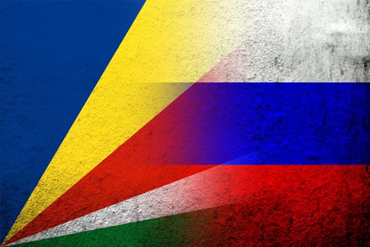 National flag of Russian Federation with The Republic of Seychelles National flag. Grunge background