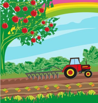 rural landscape - tractor and orchard