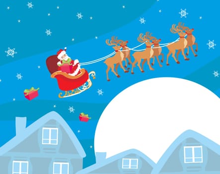 The santa claus flying with the sack full of presents