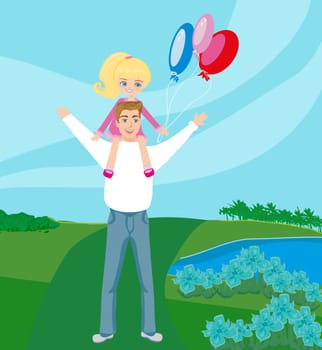 Father Carrying Daughter On His Shoulders
