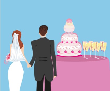wedding cake and a pair of honeymooners