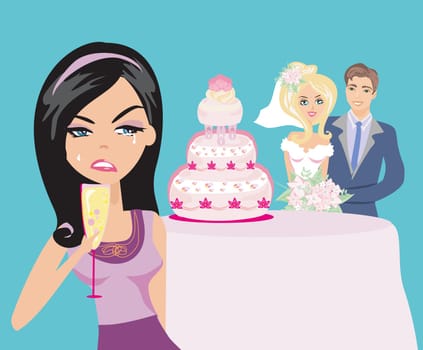 young woman jealous on a happy Wedding pair