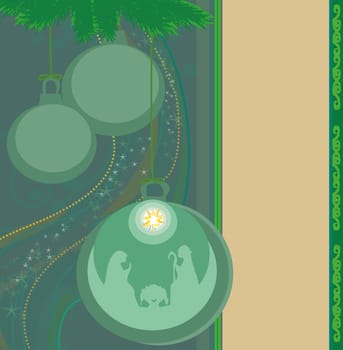 Christian Christmas nativity scene of baby Jesus in transparent ball hanging on abstract background