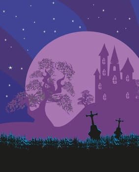 Halloween landscape with castle and cemetery.