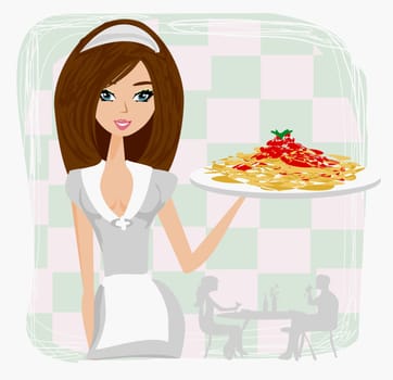 beautiful waitress with Spaghetti