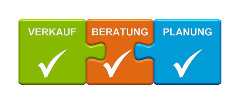 Isolated Puzzle Button with Checkmark symbols showing Sale, Consulting and Planning in german language - 3D illustration