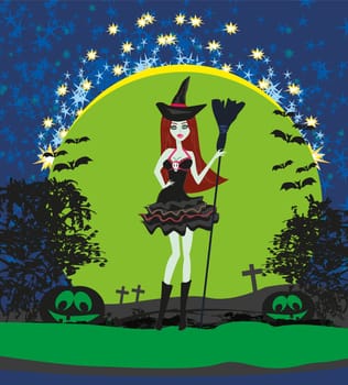 illustration of witch with Halloween pumpkin