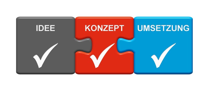 Isolated Puzzle Button with Checkmark symbols showing Idea, Concept, Implementation in german language - 3D illustration