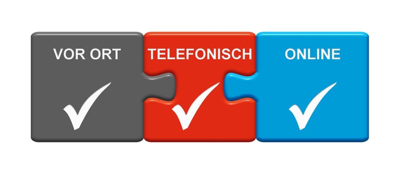 Isolated Puzzle Button with Checkmark symbols showing Locally, By Phone or Online in german language - 3D illustration