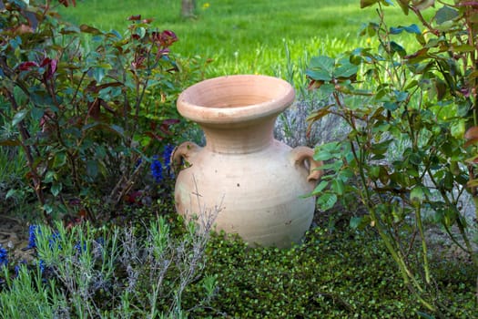 flowerbed in the garden - roses, lavender flowers and clay pot - springtime