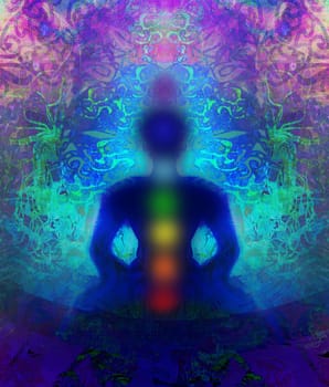 Yoga lotus pose. Padmasana with colored chakra points.