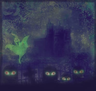 Halloween terrible illustration with a ghost in front of a haunted house.