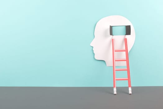 Silhouette of a man, window to the brain, ladder of success, open minded, brainstorming for ideas, disorder and psychology concept