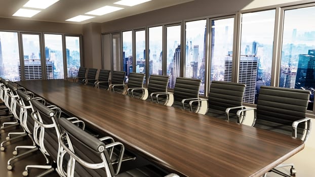 Meeting table and office chairs inside the boardroom. 3D illustration.