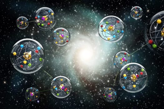 Connected spheres with molecules connected to each other. Parallel universes concept. 3D illustration.