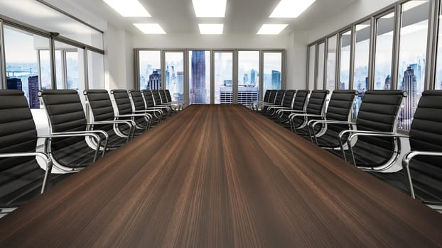 Meeting table and office chairs inside the boardroom. 3D illustration.