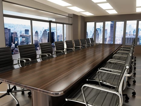 Meeting table and office chairs inside the boardroom. 3D illustration.