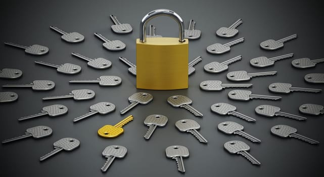 One golden key among many iron keys. 3D illustration.