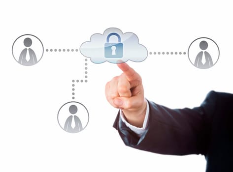 Right arm in business suit reaching out to touch a locked cloud icon in a corporate social network. Technology metaphor for cloud computing security and internet privacy. Cutout isolated on white.