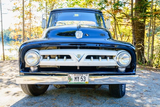 Acadia National Park, Maine, October 5, 2020: front view of a restored 1953 Ford F-100 truck