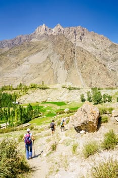 August 26, 2016, Yaghnob Valley, Tajikistan: A group of hikers on a trail in Yaghnob Valley in Tajikistan