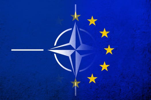 Flag of the European Union with Flag of North Atlantic Alliance NATO. Grunge background