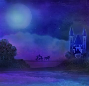 horse carriage and a medieval castle
