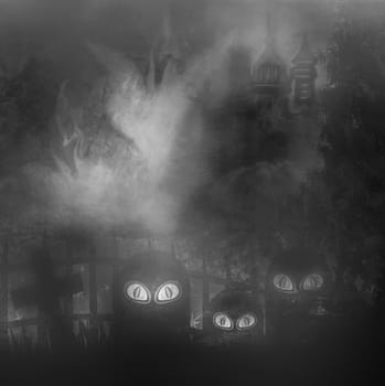 Halloween terrible illustration with a ghost in front of a haunted house.
