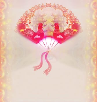 Decorative opened fan with patterns of Year of rooster design