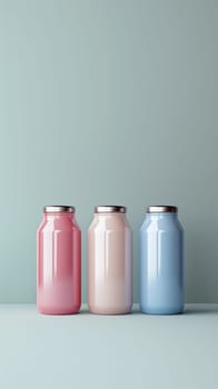 Three aesthetically pleasing jars in pink, beige, and blue are neatly arranged on a minimalist surface, creating a calm visual appeal - Generative AI