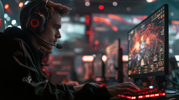 A dedicated young gamer participates in an intense esports tournament, fully focused on the screen, surrounded by a lively gaming atmosphere with bright lights - Generative AI