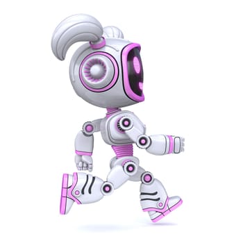 Cute pink girl robot running 3D rendering illustration isolated on white background