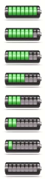 Battery symbol from full to empty status 3D rendering illustration isolated on white background