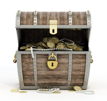 Treasure chest full of antique gold coins and jewels isolated on white background. 3D illustration.