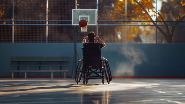 A determined basketball player in a wheelchair focuses on making a basket at an outdoor court during sunset, highlighting resilience through sport - Generative AI