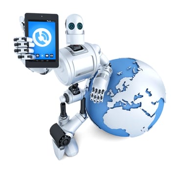 Robot with tablet phone and earth globe. Global communication concept. Isolated over white. Contains clipping path