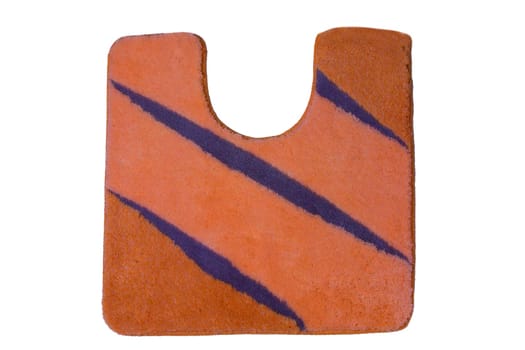 Close up of non slip orange blue fluffy soft bath mat or rug isolated on white background. Bath Accessories. Top view.