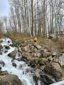 Panorama of a hiking area in the Alps with a torrent and a glacier