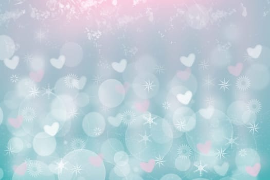 Valentines or mothers day card template. Abstract delicate romantic illustrated blue gradient pink background texture with pink and white bokeh hearts. Beautiful backdrop.