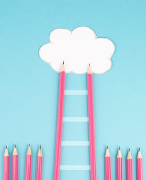 Ladder of success build with pencils, opportunity strategy, blue background, copy space for text, step by step concept, progress in business and education, have a goal