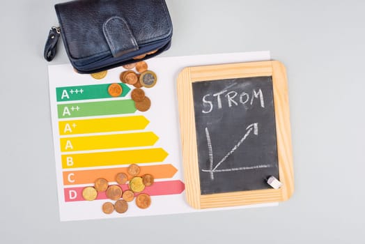 Chalkboard with the german word for electricity, Euro money coins, power consumption grafic, increasing energy costs, green technology, inflation, poverty and environmetal issue