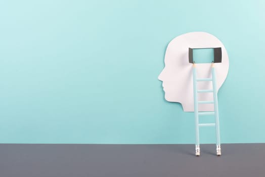 Silhouette of a man, window to the brain, ladder of success, open minded, brainstorming for ideas, disorder and psychology concept