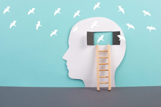 Silhouette of a man, window to the brain, birds flying, ladder of success, open minded, brainstorming for ideas, disorder and psychology concept